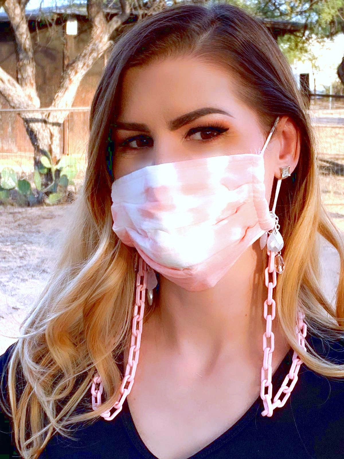 PINK WATERCOLOR - Fabric Washable Face Mask With Decorative Chain - Dust and Pollution