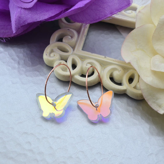 IRIDESCENT BUTTERFLY HOOPS Rose Gold Dangle Earrings