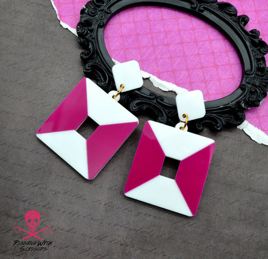 SALE Two Tone - Fuchsia / White Laser Cut Acrylic Earrings