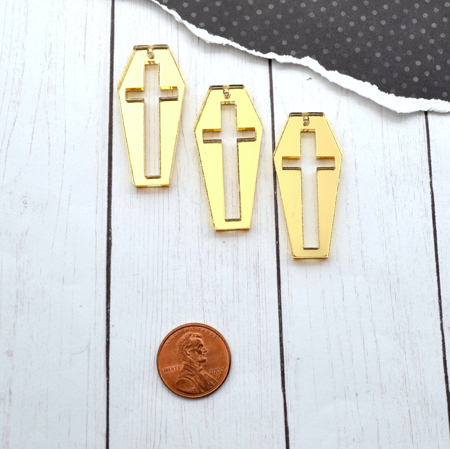 GOLD CROSS COFFINS -  3 Pieces- Gold Mirror Laser Cut Acrylic Charms