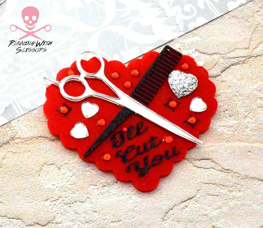 I'll Cut You Brooch Red Scalloped Heart