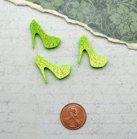 Lime Green Glitter Mini Heel Cabochons 3 Pieces Laser Cut Acrylic