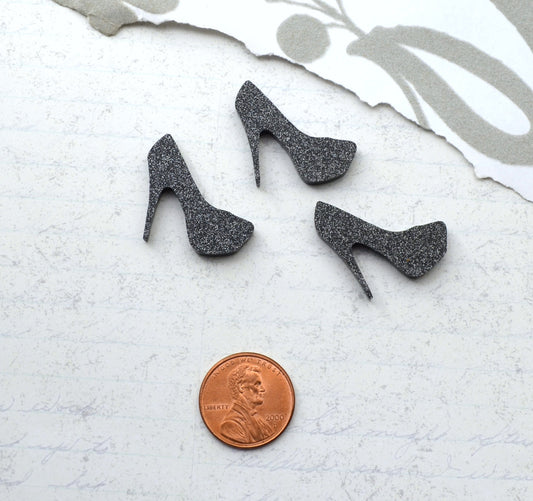 Black Glitter Mini Heel Cabochons 3 Flat Back Pieces Laser Cut Acrylic