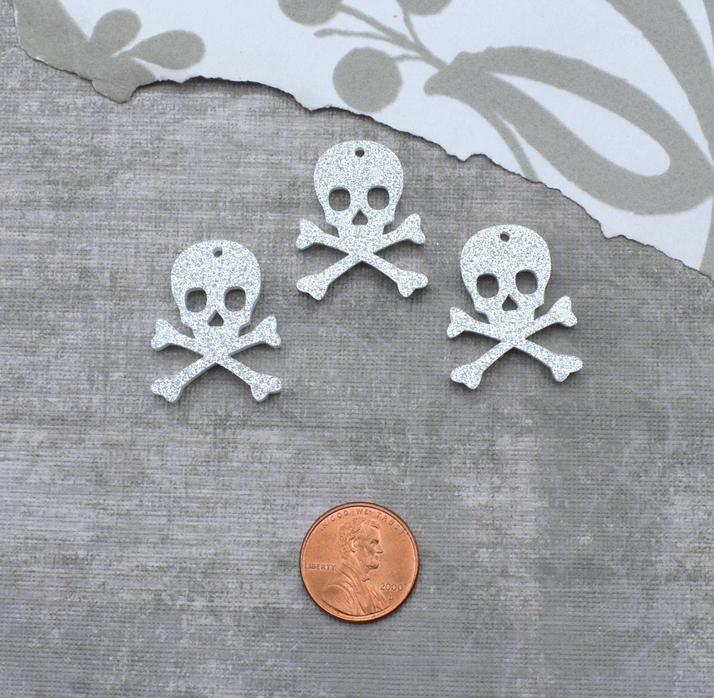 3 SKULL CHARMS Silver Glitter Laser Cut Acrylic