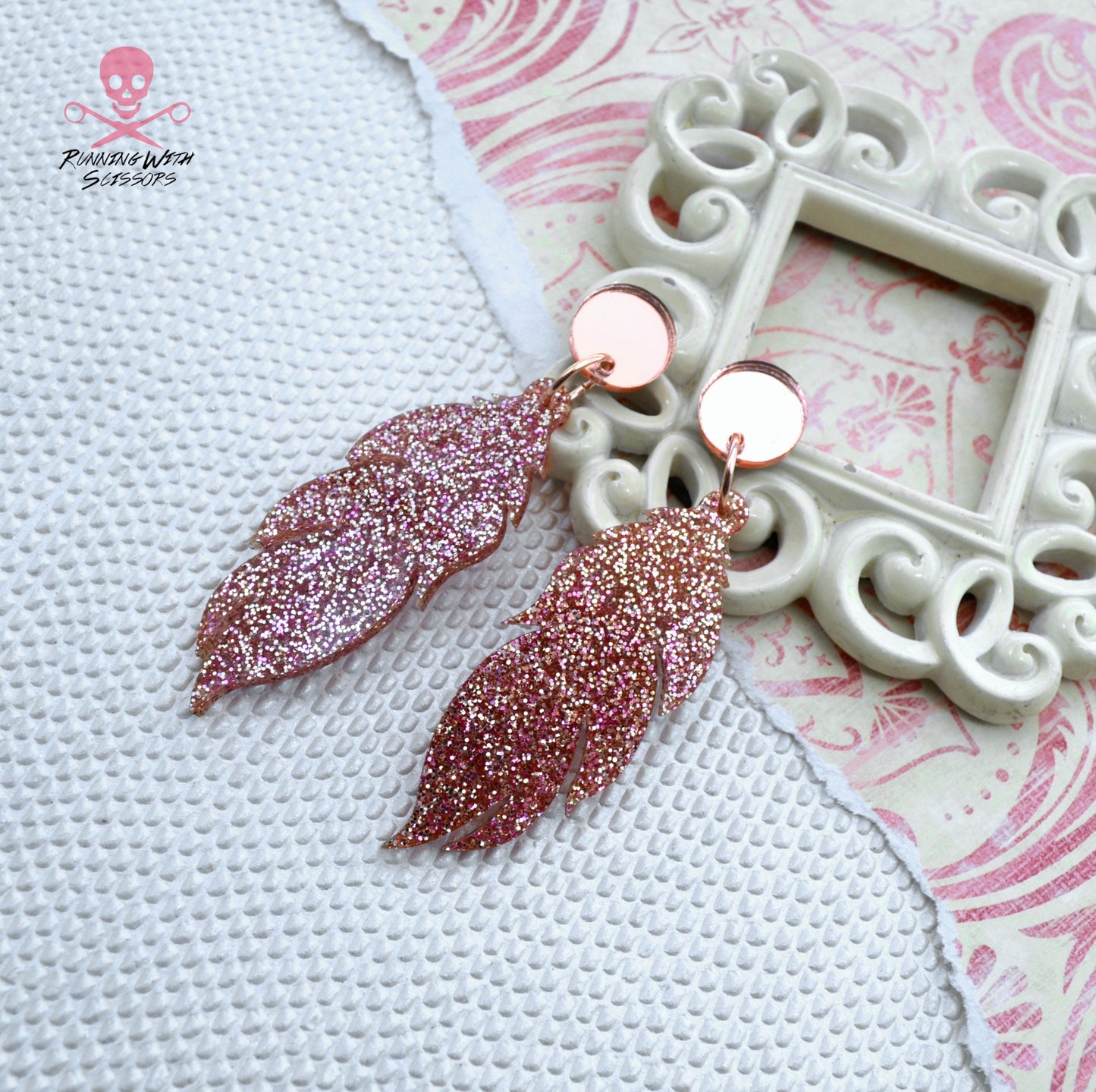 SALE Rose Gold Glitter Feather - Post Top Laser Cut Acrylic Earrings