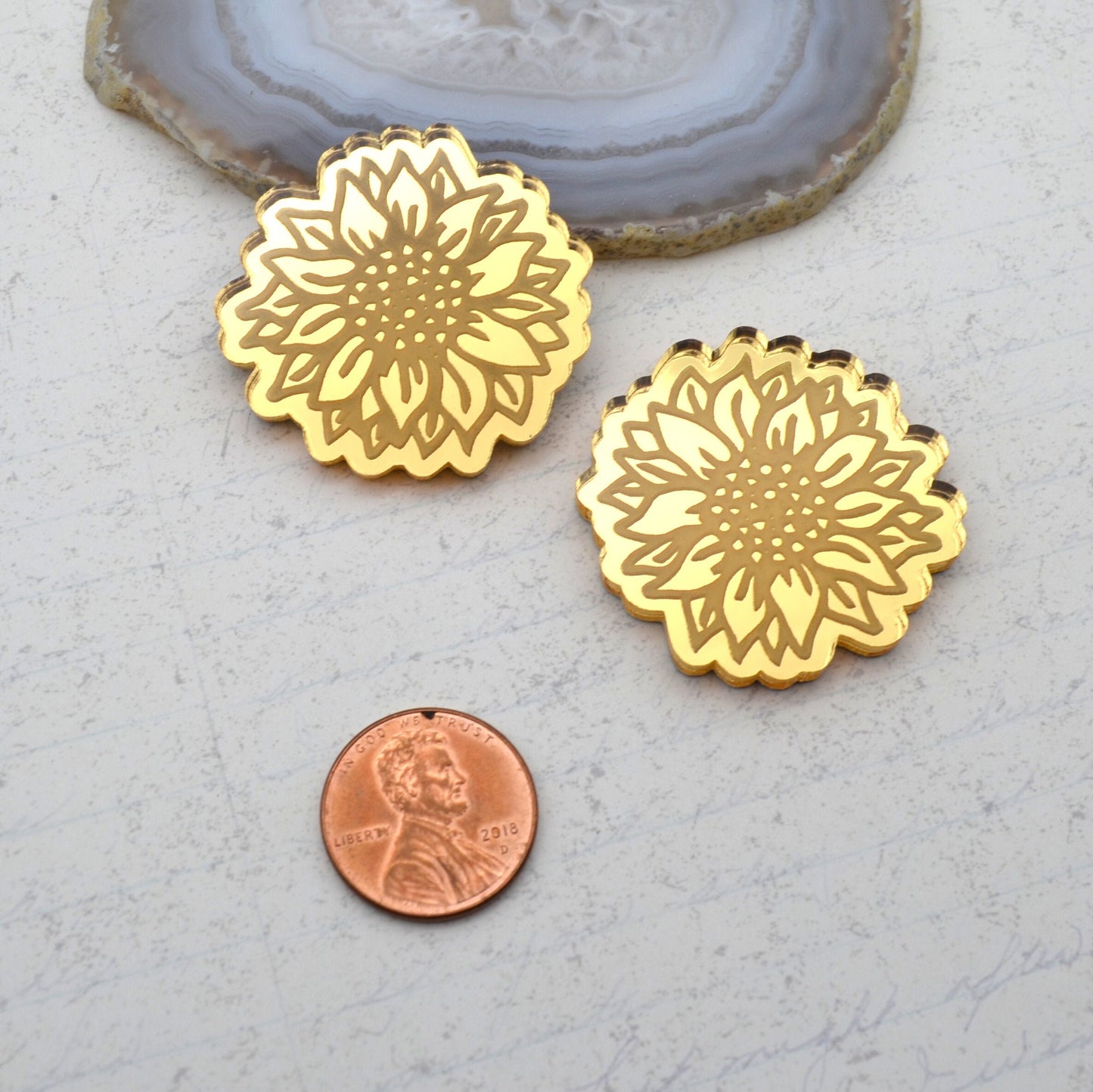 SUNFLOWER CABOCHONS Gold Mirror Laser Cut Acrylic Set of 2 Flat Back Cabs