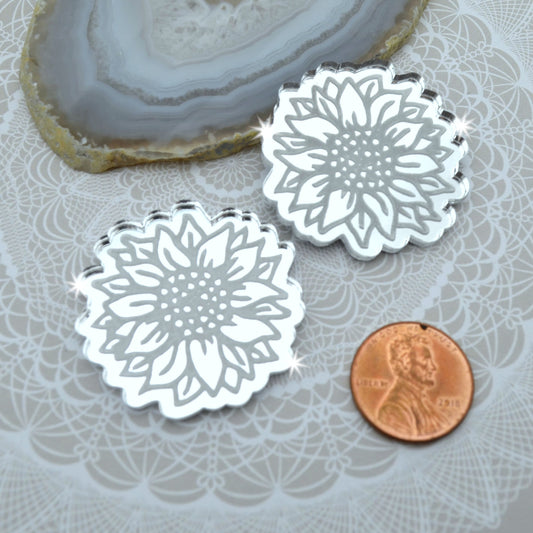 SUNFLOWER CABOCHONS Silver Mirror Laser Cut Acrylic Set of 2 Flat Back Cabs