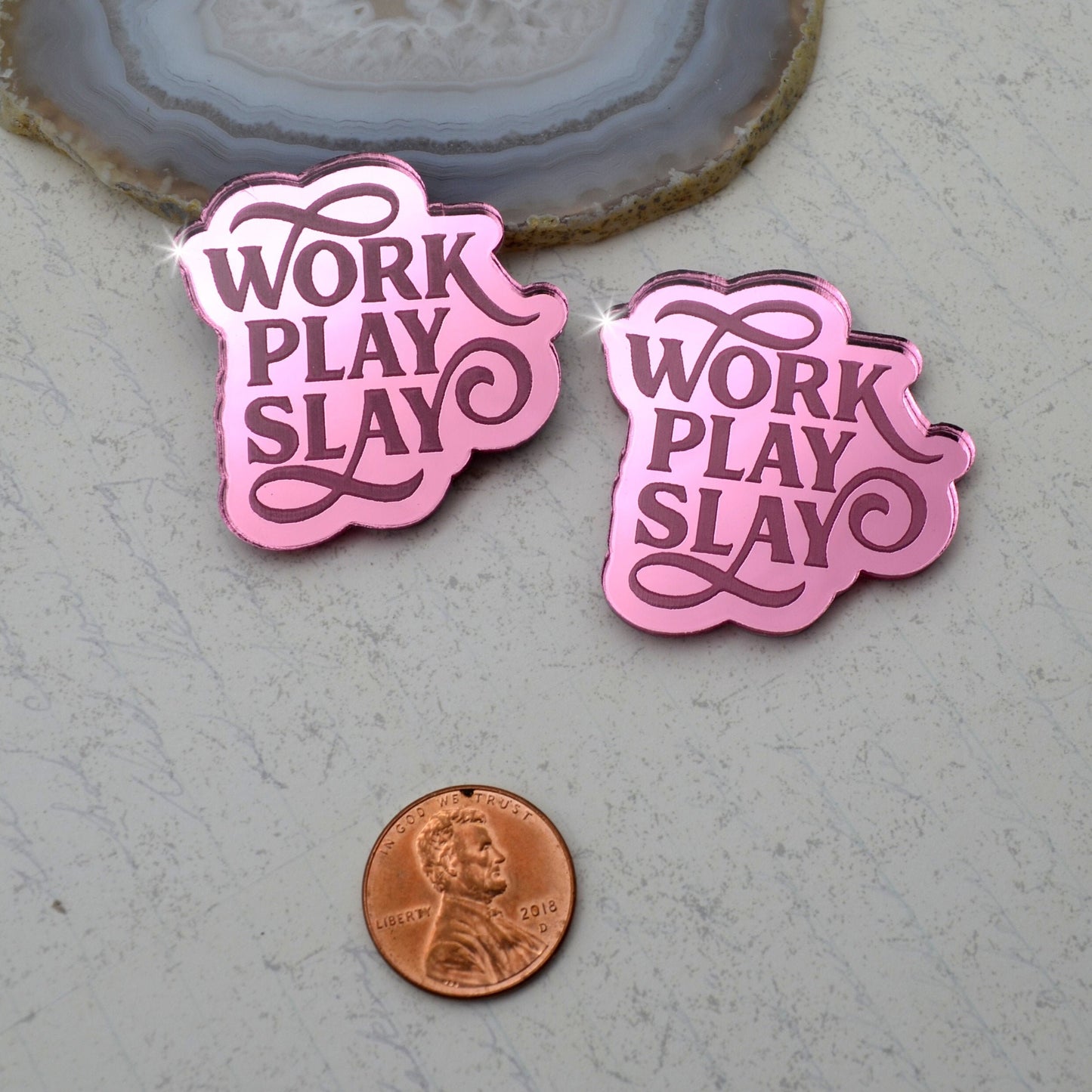 WORK PLAY SLAY Cabochons Pink Mirror Laser Cut Acrylic Cabs Set of 2