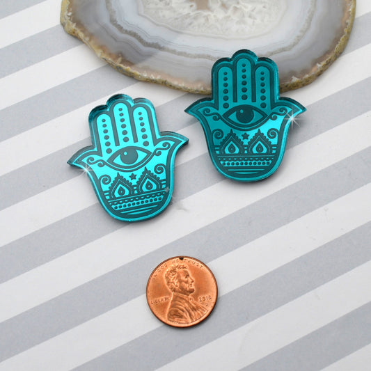 HAMSA HAND CABS Teal Mirror Laser Cut Acrylic Cabs Set of 2 Flatback Cabochons