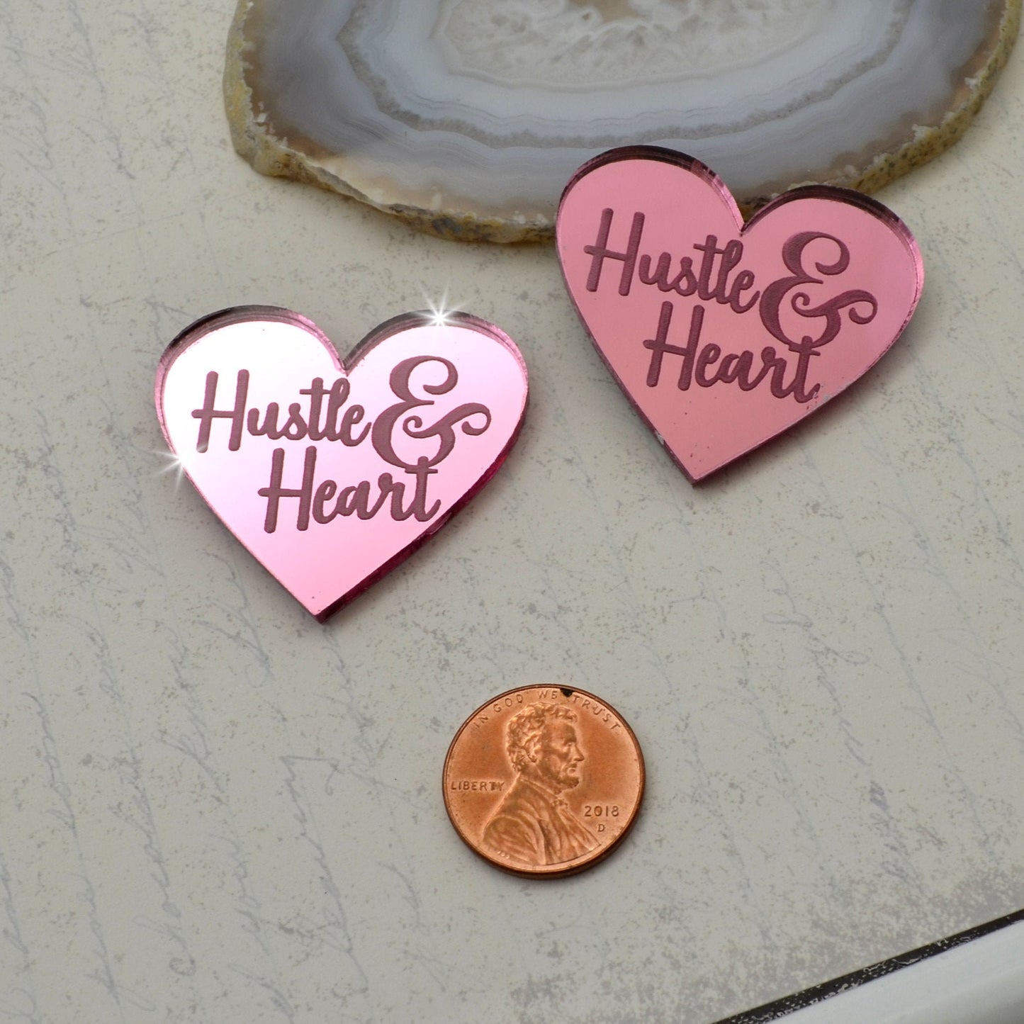 HUSTLE AND HEART - Pink Mirror Laser Cut Acrylic Cabs - Set of 2 Flatback Cabochons