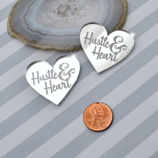 HUSTLE AND HEART - Silver Mirror Laser Cut Acrylic Cabs - Set of 2 Flatback Cabochons