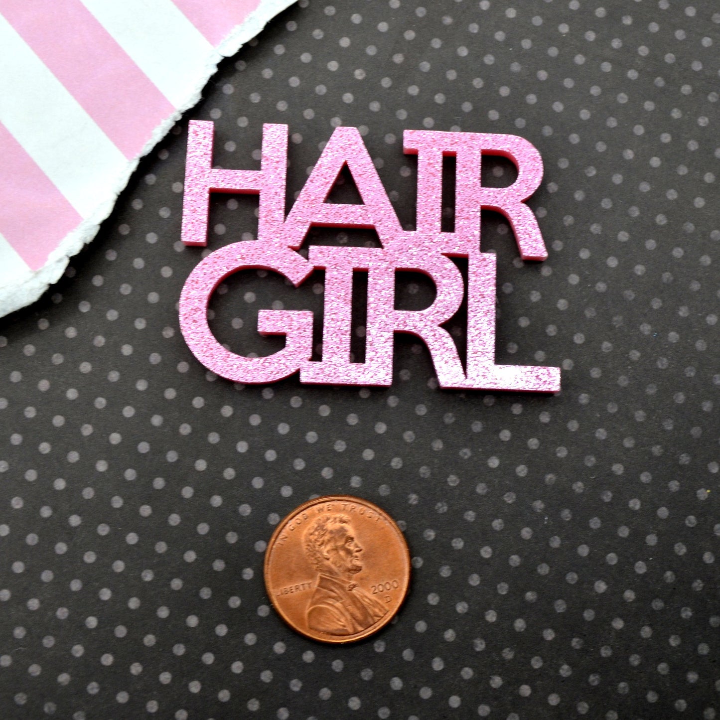 HAIR GIRL Flat Back Word Cabochon Pink Glitter Laser Cut Acrylic