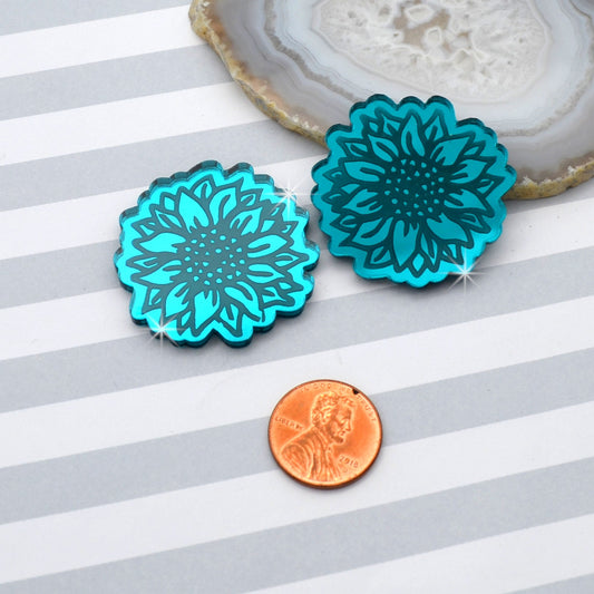 SUNFLOWER CABOCHONS Teal Mirror Laser Cut Acrylic Set of 2 Flat Back Cabs