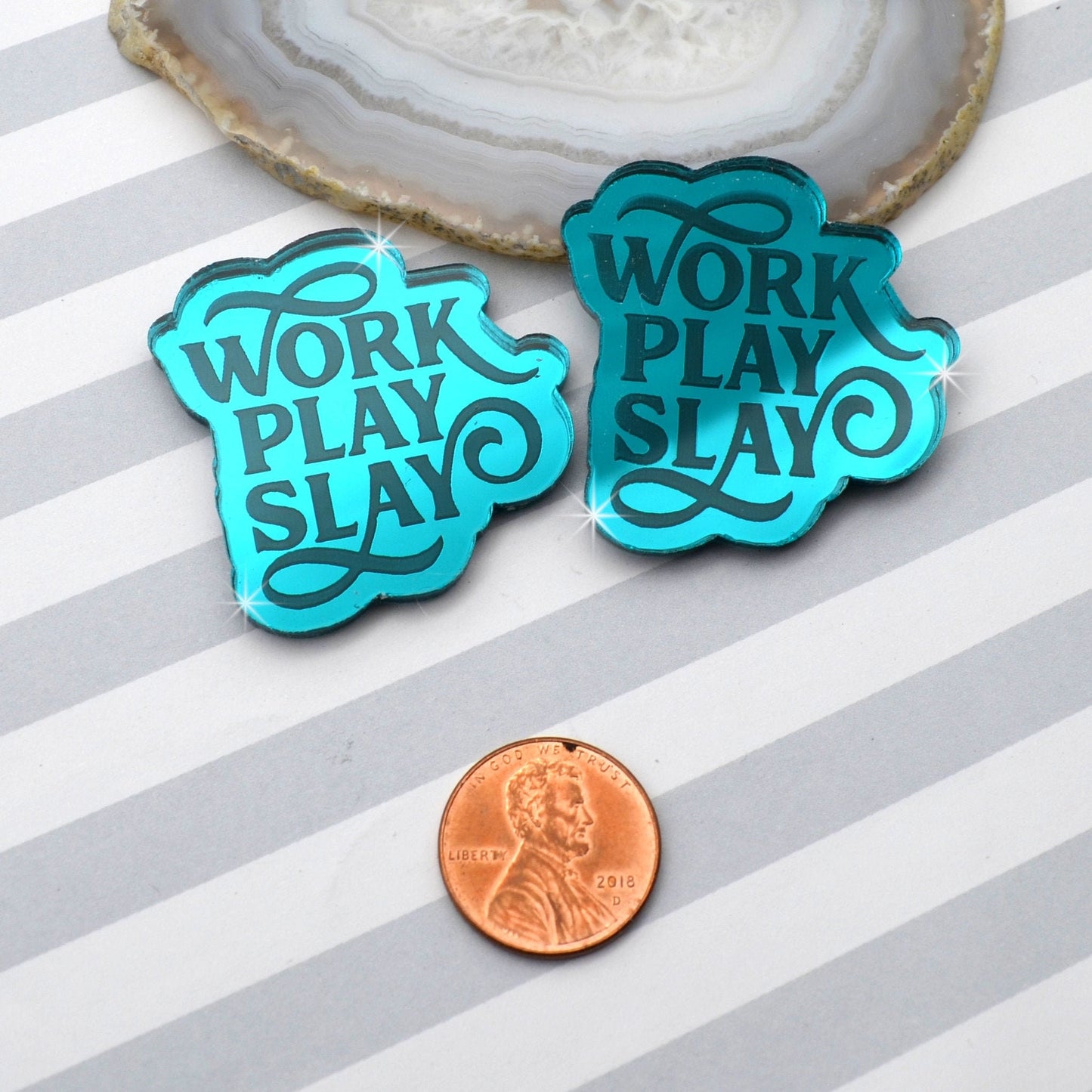 WORK PLAY SLAY Cabochons Teal Mirror Laser Cut Acrylic Cabs Set of 2