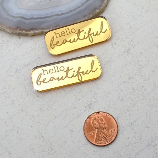 HELLO BEAUTIFUL Gold Mirror Laser Cut Acrylic Cabs Set of 2 Flatback Cabochons