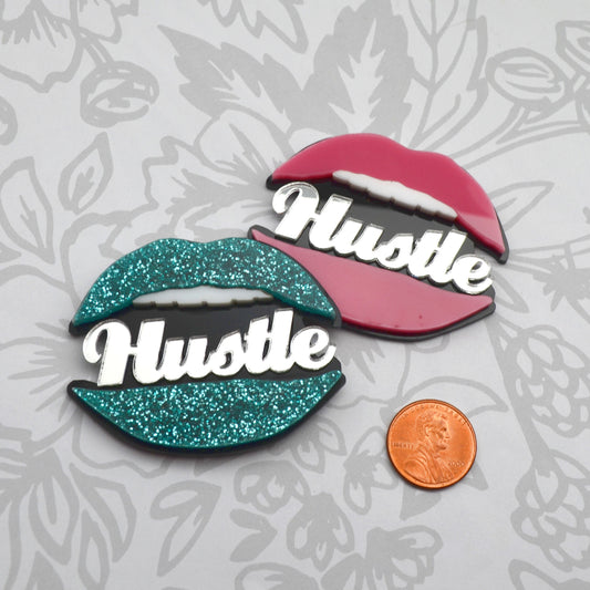 HUSTLE LIP CAB Double Layered Cabochon In Glossy Laser Cut Acrylic Bubblegum Pink or Teal Glitter lips