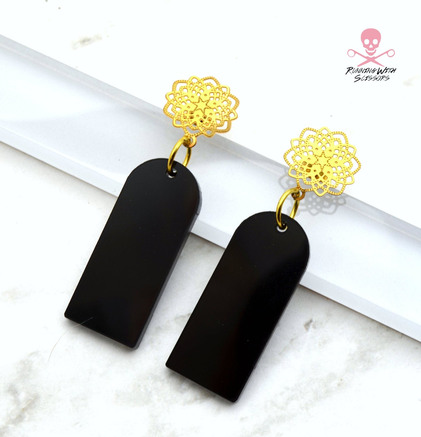 SALE Trendsetter Dangles - Black and Gold Post Top Laser Cut Acrylic Earrings