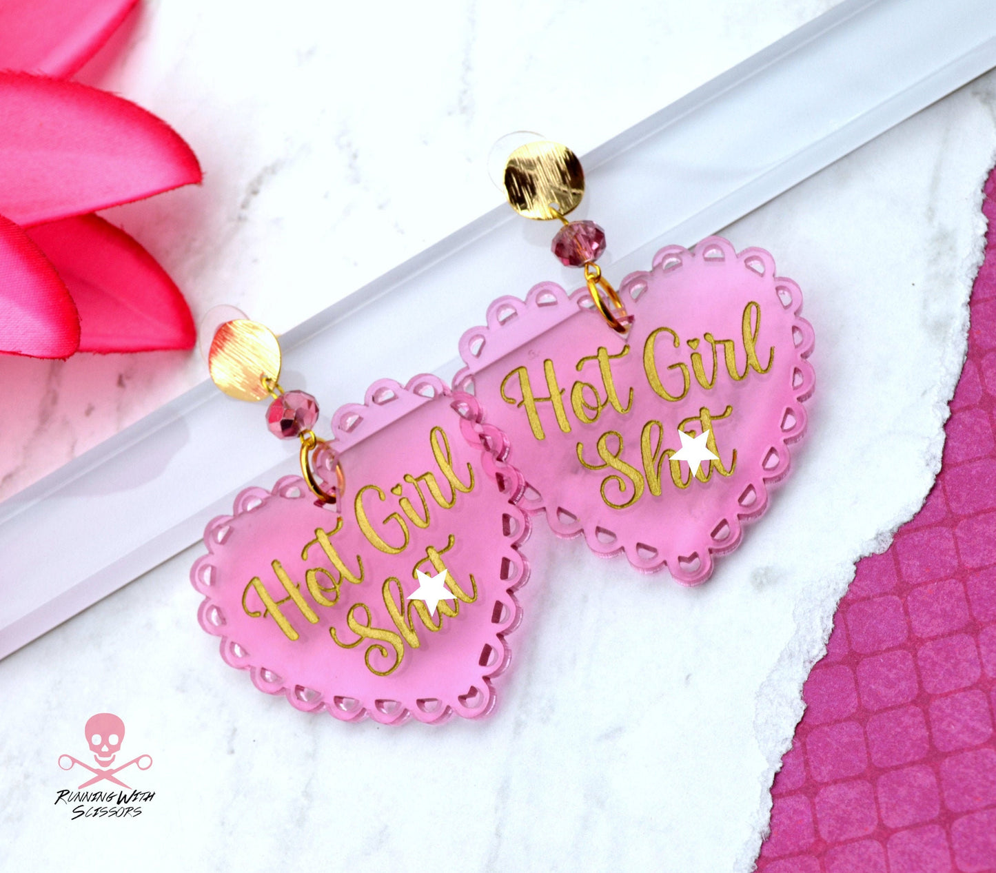 SALE Hot Girl Sh!t Heart Dangle Earrings in Clear Pink Laser Cut Acrylic MATURE