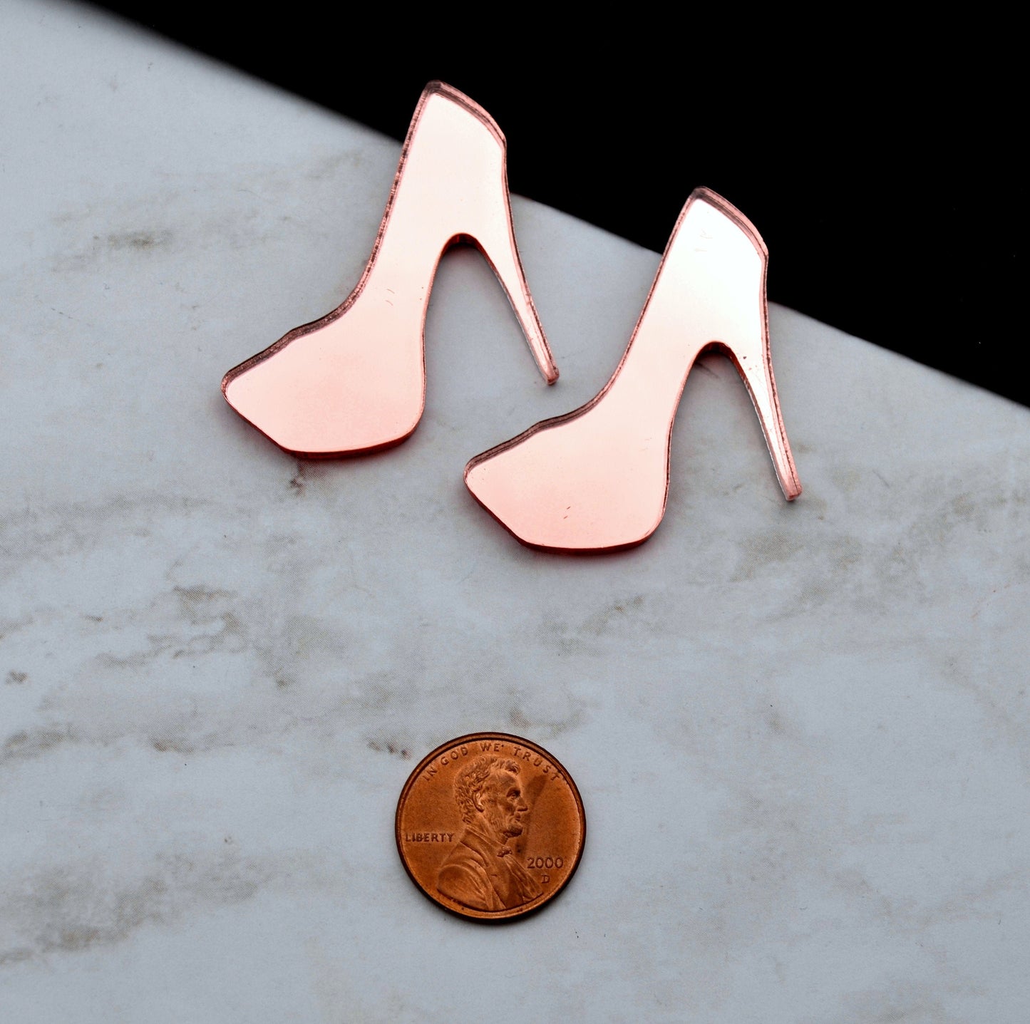 ROSE GOLD MIRROR Heels 2 Cabs In Glossy Rose Gold Mirror Laser Cut Acrylic