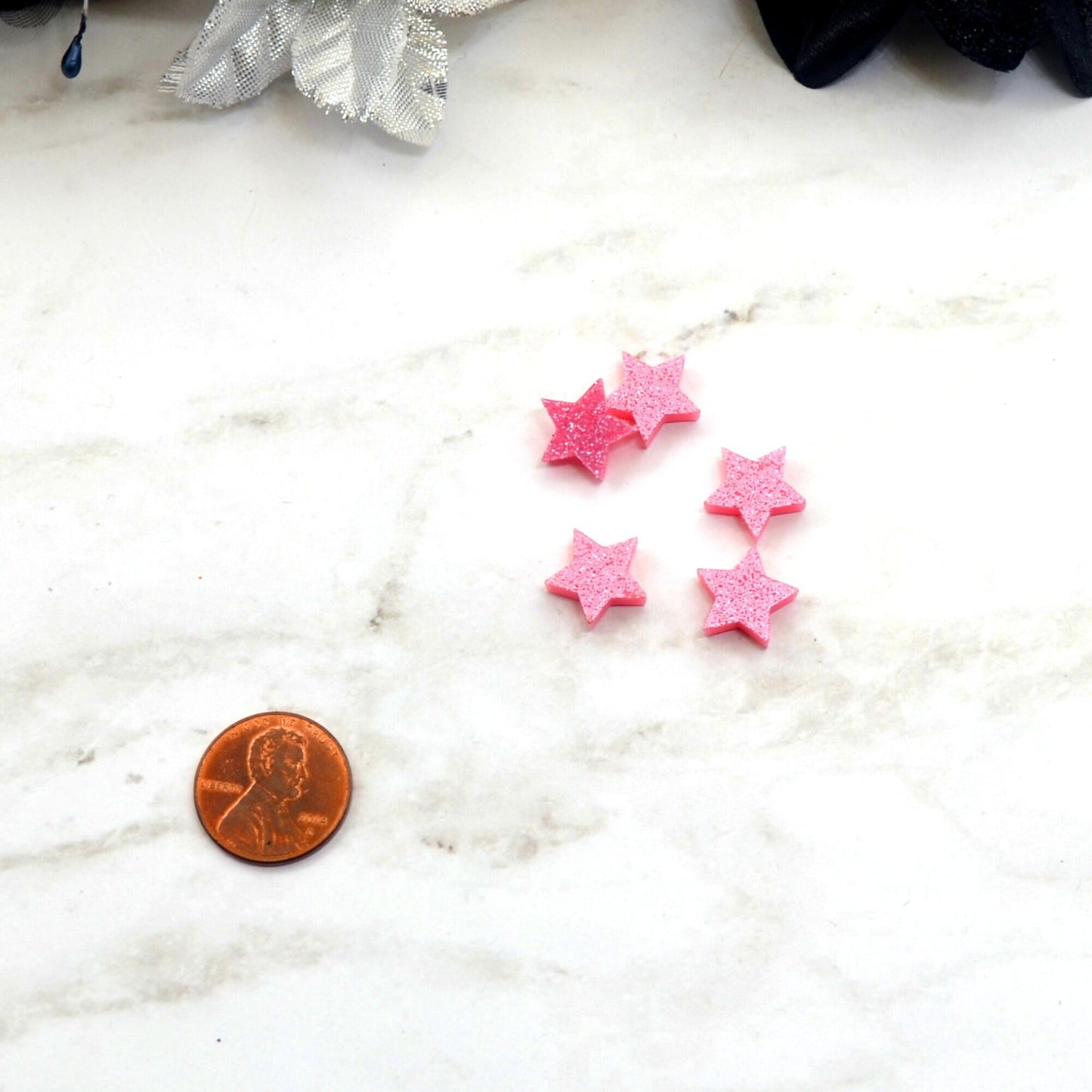 Glitter Pink STARS Set of 5 Cabochons in Laser Cut Acrylic