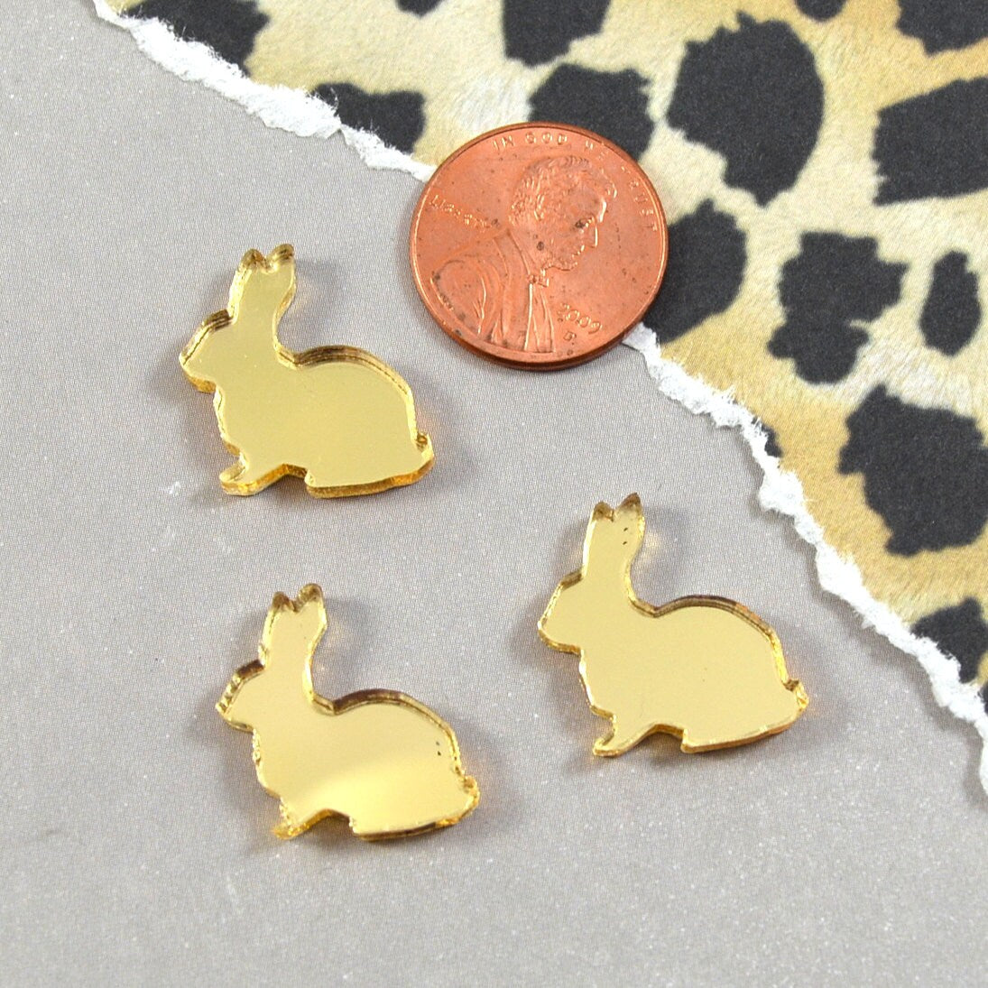 GOLD MIRROR BUNNIES Laser Cut Acrylic Cabochons Set of 3 Cabs
