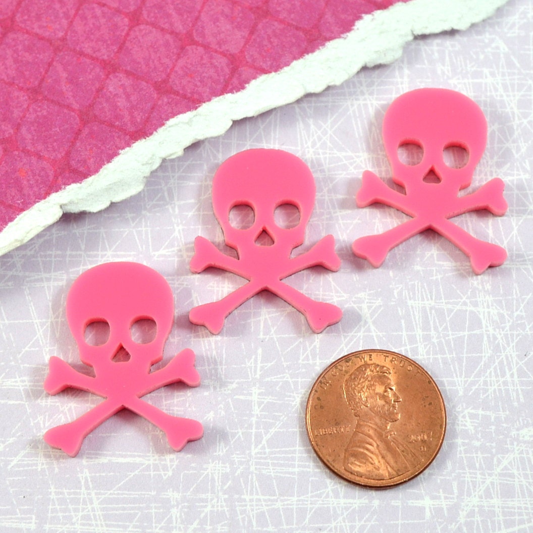 Bubblegum Pink Skull and Crossbone Cabs 3 Cabochons in Laser Cut Acrylic