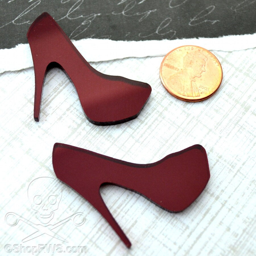 DEEP RED HEELS - 2 Cabochons - In Red Mirror Laser Cut Acrylic