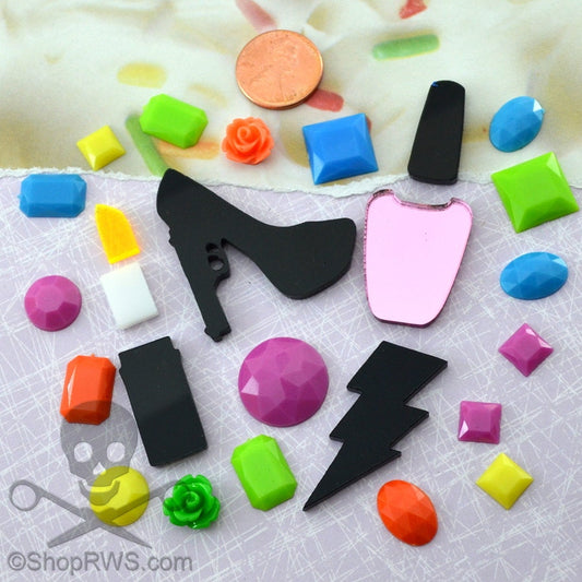 DANGEROUSLY SWEET 25 Piece Cab Lot Nail Polish Lipstick Trigger Heel Rhinestones Roses Cabochons