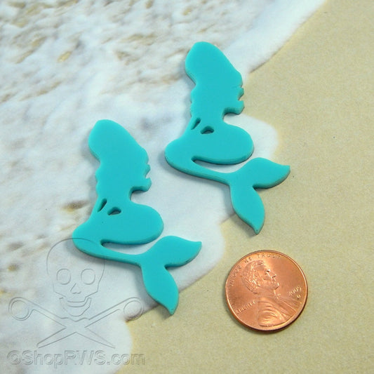 2 TURQUOISE MERMAIDS Set of 2 Laser Cut Acrylic Flat Back Cabochons