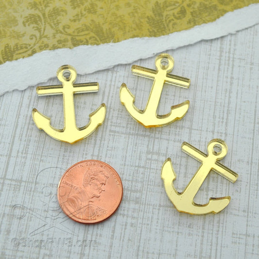 3 ANCHOR CABOCHONS Flat Back Pieces in Gold Mirror Laser Cut Acrylic