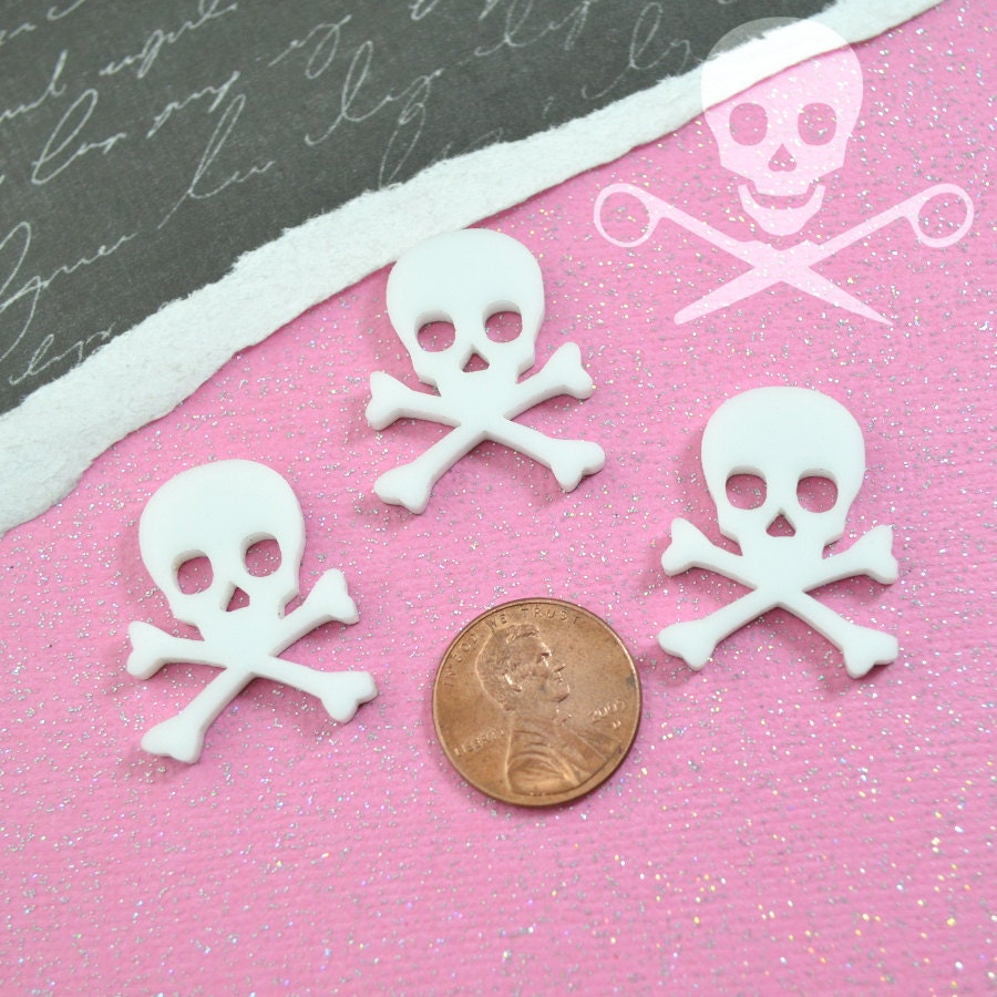 3 SKULL CABOCHONS in White Laser Cut Acrylic Flat Back Cabs