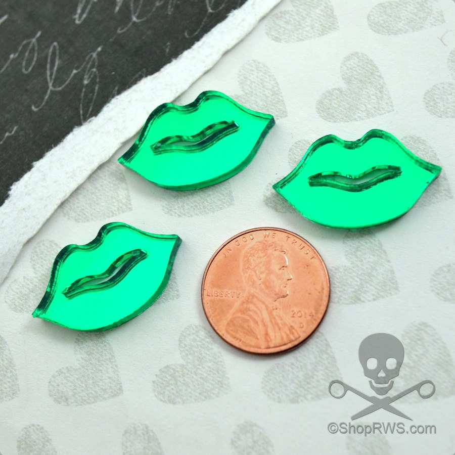 GREEN MIRROR LIPS 3 Flat Back Pieces In Laser Cut Acrylic