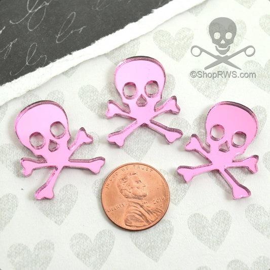 3 SKULL CABOCHONS In Pink Mirrored Laser Cut Acrylic