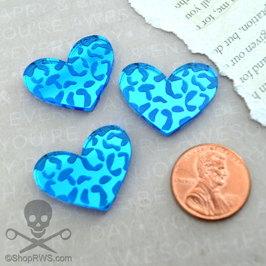 LARGE LEOPARD HEART Cabs Set of 3 Blue Mirror Cabochons in Laser Cut Acrylic