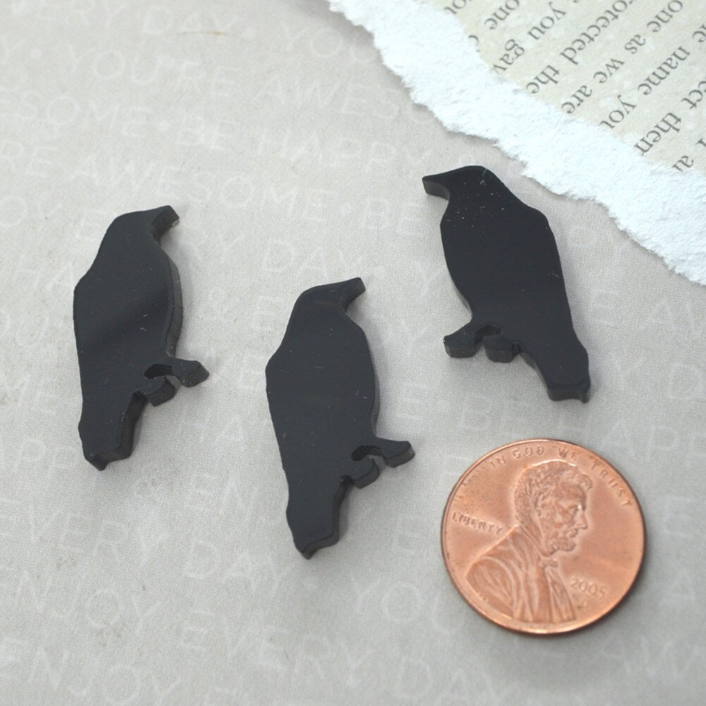 BLACK RAVEN CABOCHONS 3 Flat Back Pieces in Laser Cut Acrylic