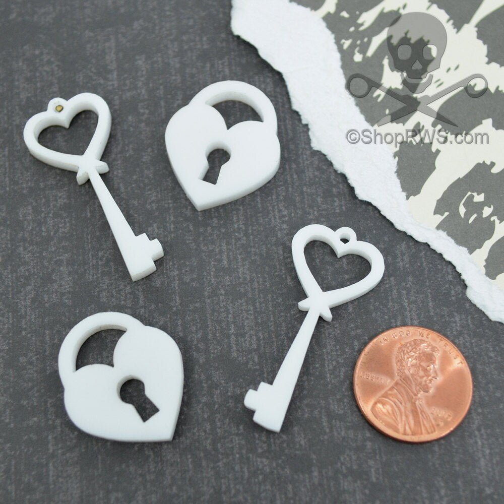 WHITE LOCK and KEY Cabochons in Laser Cut Acrylic 4 Pieces