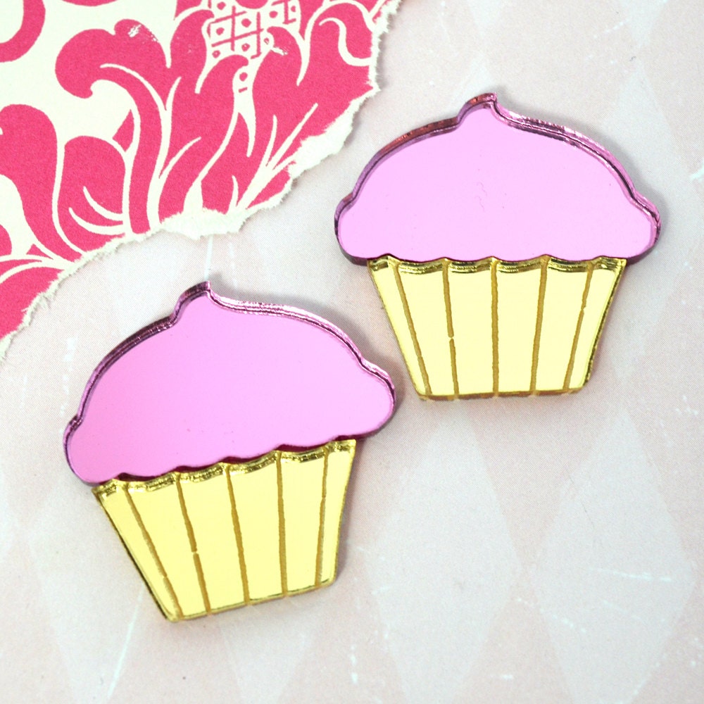 Pink and Gold Mirrored Flat Back Cupcake Cabochons in Etched Laser Cut Acrylic