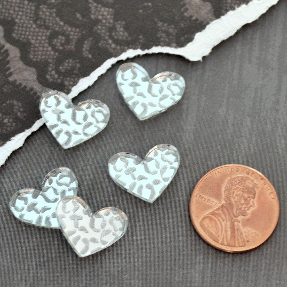 LEOPARD HEART CABS Set of 5 Silver Cabochons in Laser Cut Acrylic