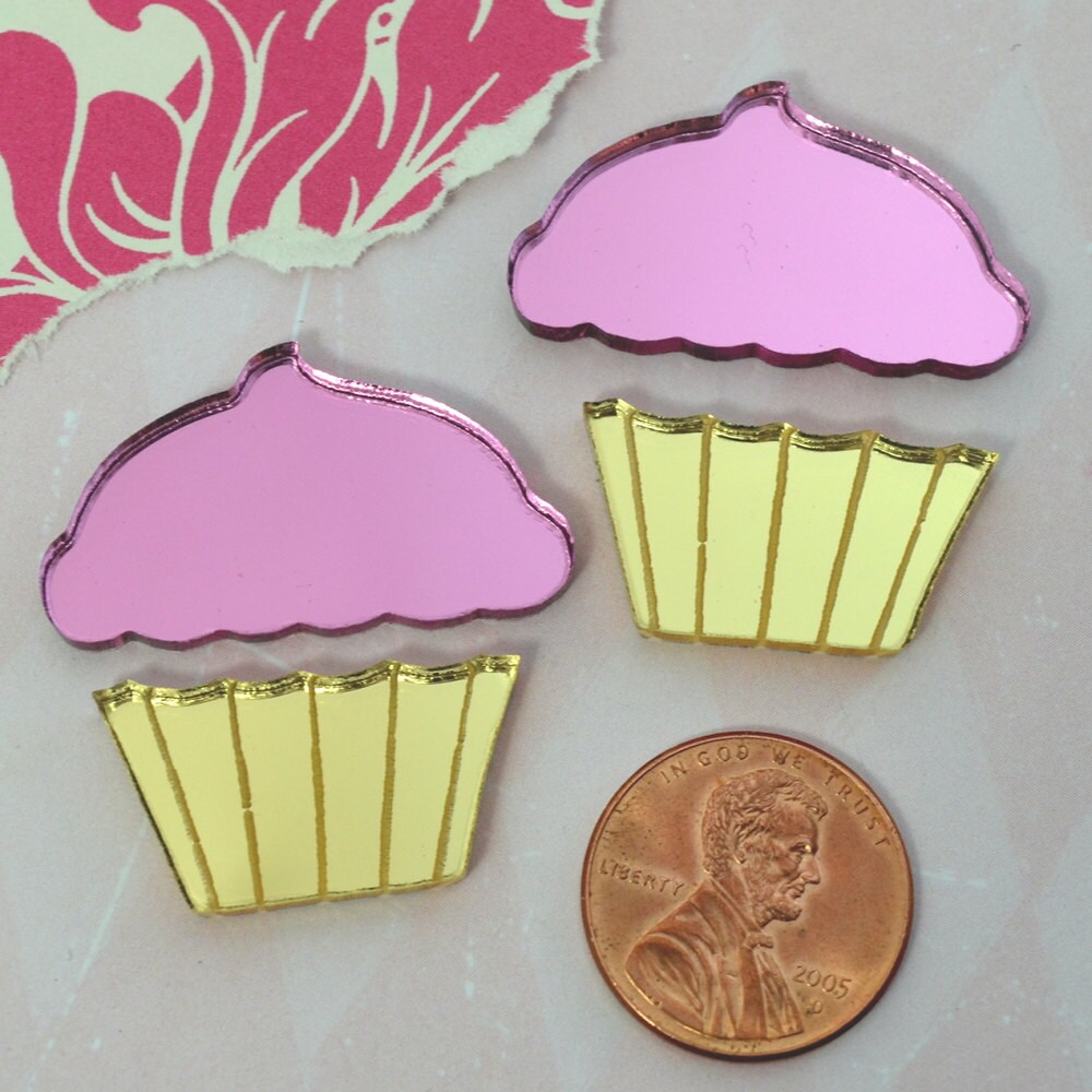Pink and Gold Mirrored Flat Back Cupcake Cabochons in Etched Laser Cut Acrylic