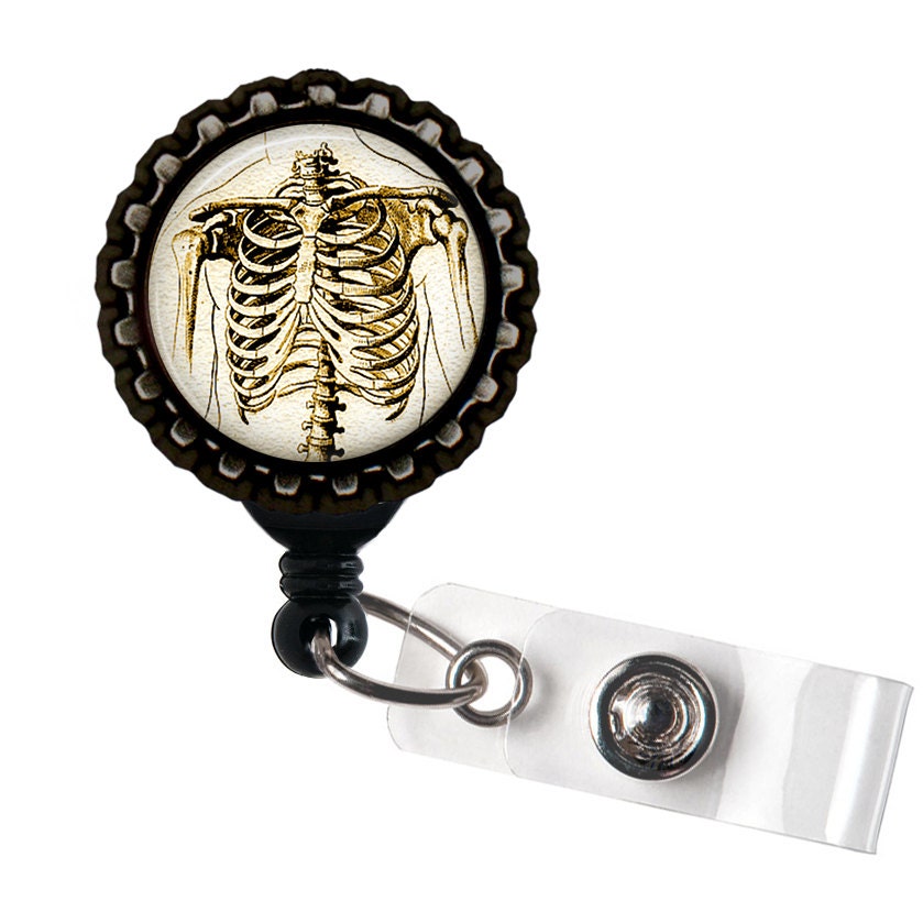 Anatomical Ribcage Tan and Black Retractable Badge Reel ID Holder