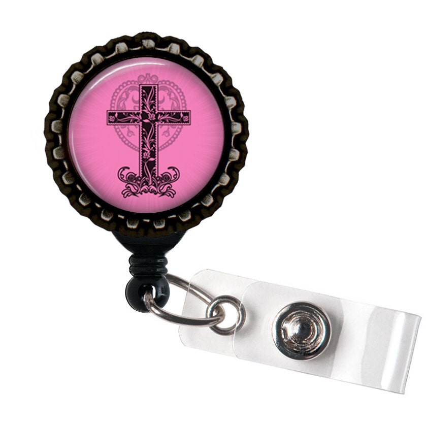 Pink Cross Black Retractable Badge Reel ID Holder