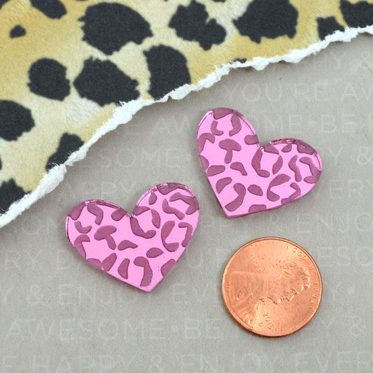 LARGE LEOPARD HEART Cabs Set of 2 Pink Mirror Cabochons in Laser Cut Acrylic