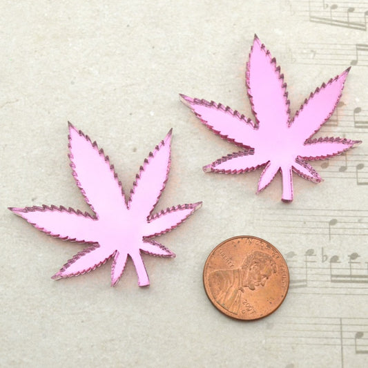 PINK MARIJUANA LEAVES 2 Pink Mirror Cabochons Acrylic Flat Back Cabs