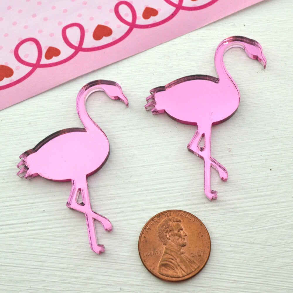 FLAMINGO CABS 2 Pink Mirror Cabochons in Laser Cut Acrylic Flat Back