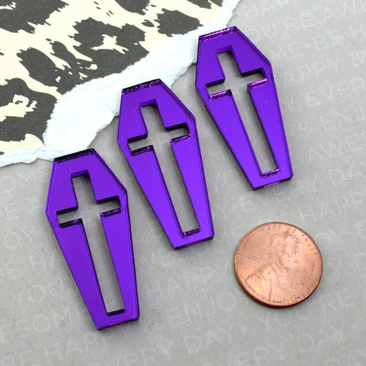 PURPLE CROSS COFFINS  3 Flat Back Pieces Purple Mirror Laser Cut Acrylic Cabochons