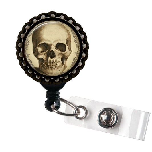 Anatomical Skull Tan and Black Retractable Badge Reel ID Holder
