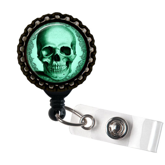 Teal Skull  Anatomical Black Retractable Badge Reel ID Holder
