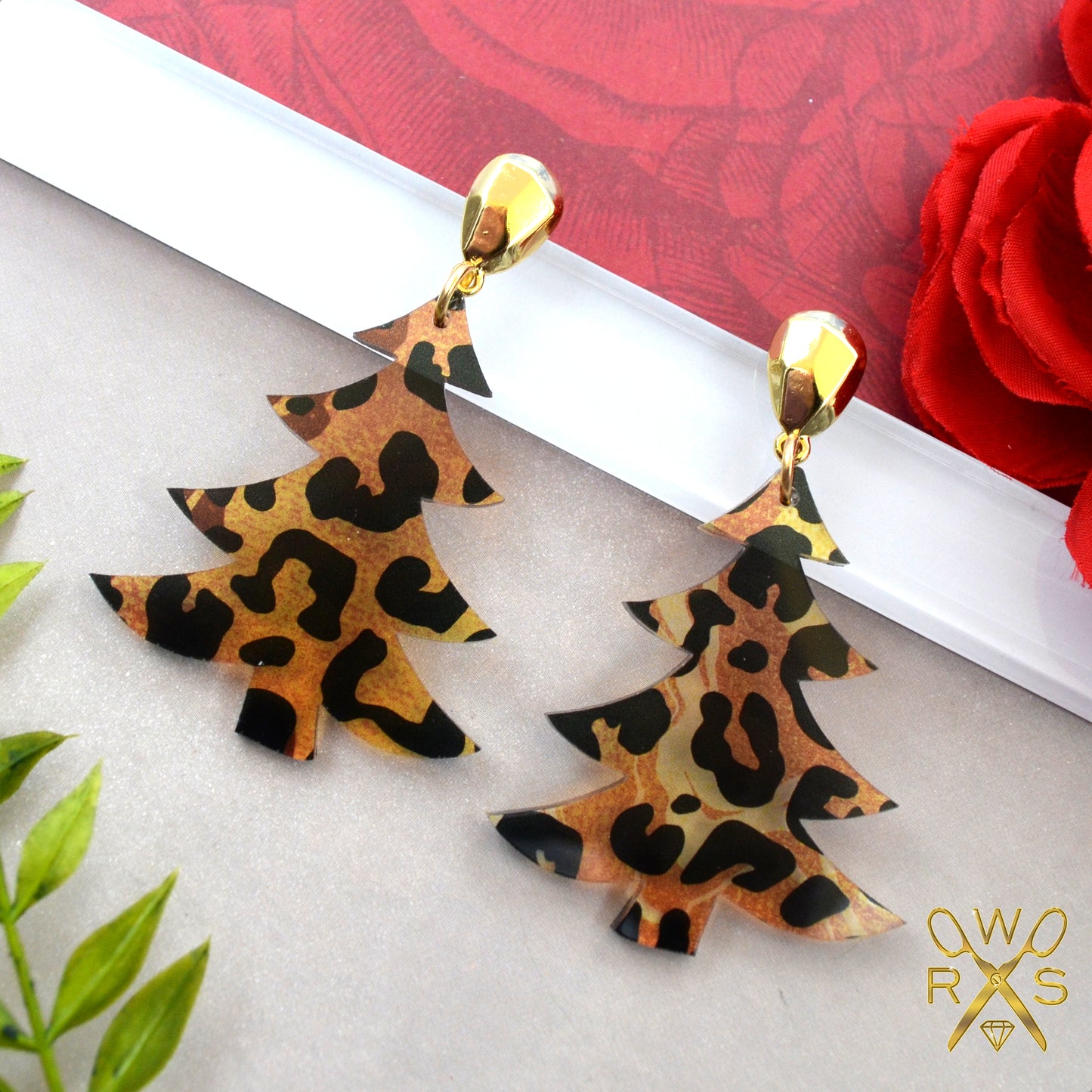 SALE Leopard Print Christmas Tree Dangles Holiday Earrings
