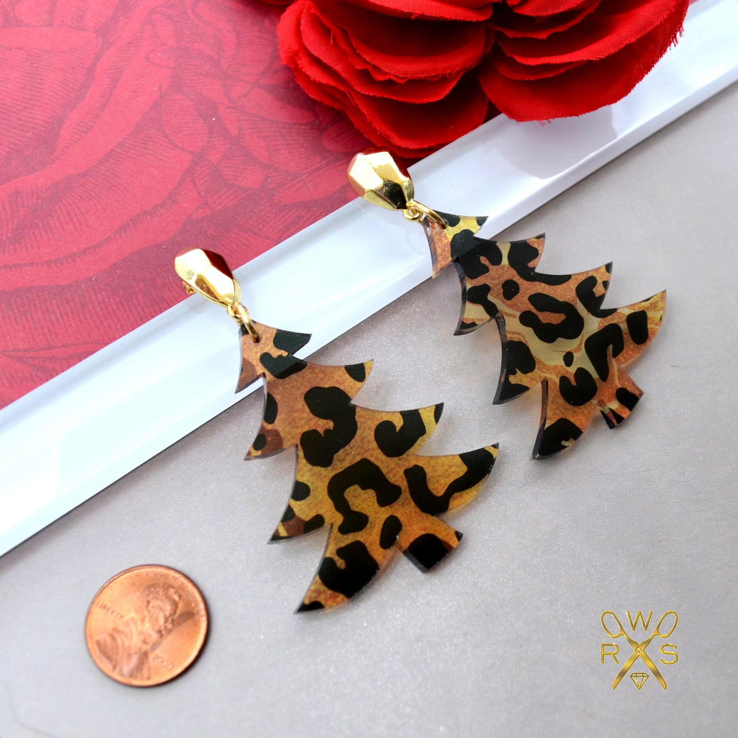 SALE Leopard Print Christmas Tree Dangles Holiday Earrings