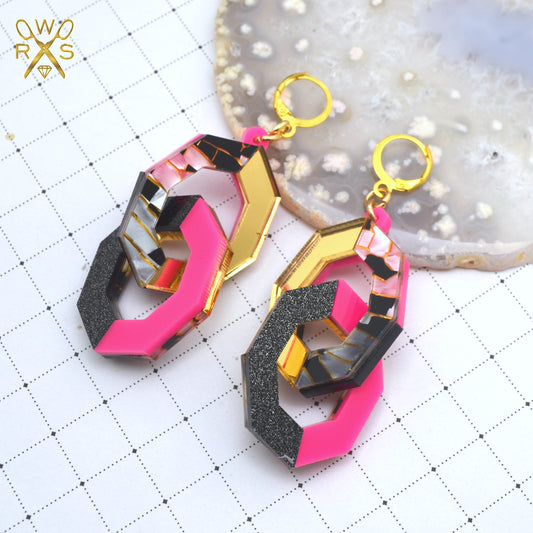 LINKED UP Laser Cut Acrylic Chain Link Dangle Earrings in Hot Pink and Gold